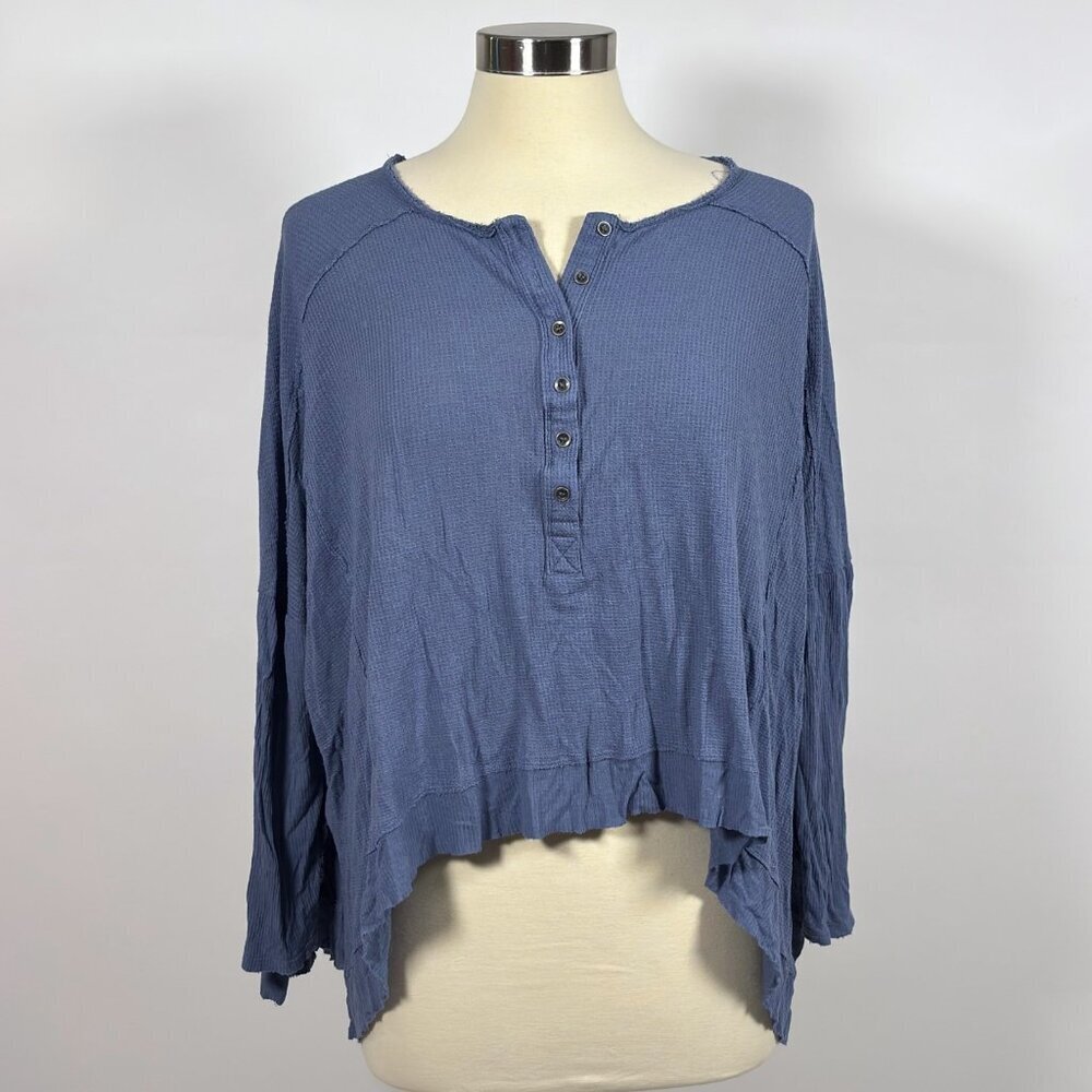 Free People Waffle Knit Oversized Henley Top Hi Low Hem Dusty Blue - Small